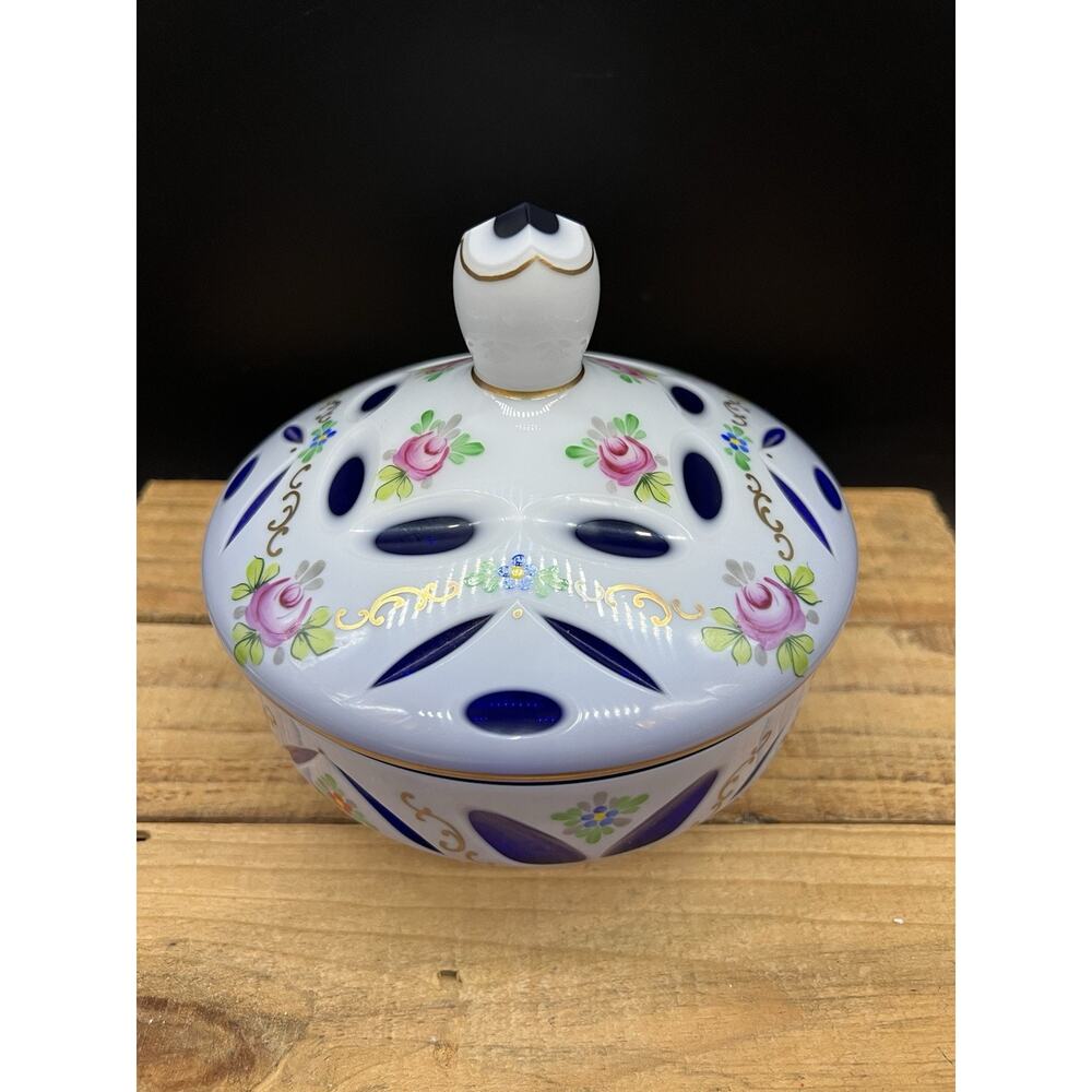 Large Czech Bohemian White Cased Glass To Cobalt Blue Lidded Candy Dish